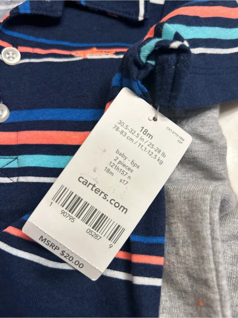 NWT-Boys Carter's Navy Striped Polo-Style One-Piece Bodysuit with Gray Pants